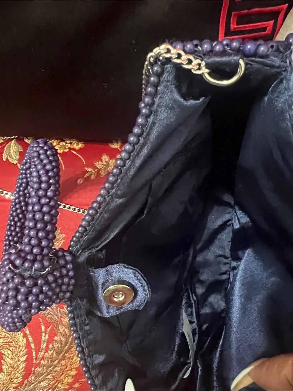 Handcrafted Beaded Half-Moon Tote Bag in Deep purple.